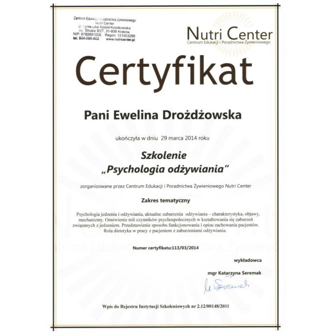 Certyfikat – szkolenie „Psychologia odżywiania”