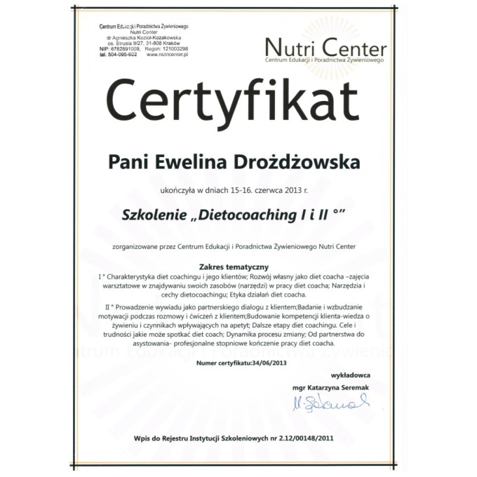 Certyfikat – szkolenie „Dietocoaching I i II”